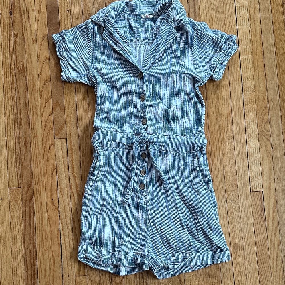 Faherty Izzy Striped Cotton Double Gauze Button-Up Romper in Sailing Stripe | M